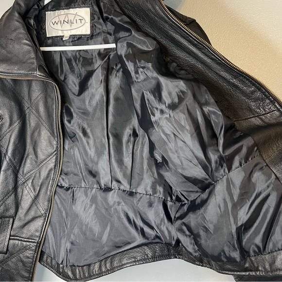 Winlit Women's Black Leather Jacket Zip Up Motorcycle Biker Sz M Filled Winter - Picture 3 of 16